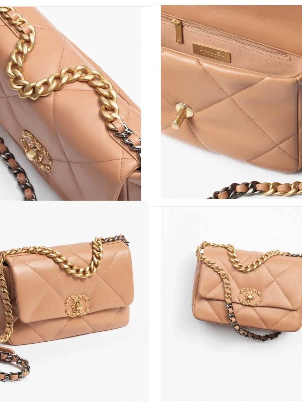 CHANEL 19 Quilted Shoulder Bag in Tan with Gold Chain
